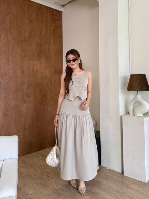 Square Neckline Button Down Sleeves Tops With Skirts Sets